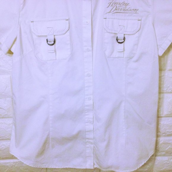 2008 Harley Davidson Blouse SSL Top Shirt Ladies-XL Pockets Buckles Logo White - Picture 4 of 10